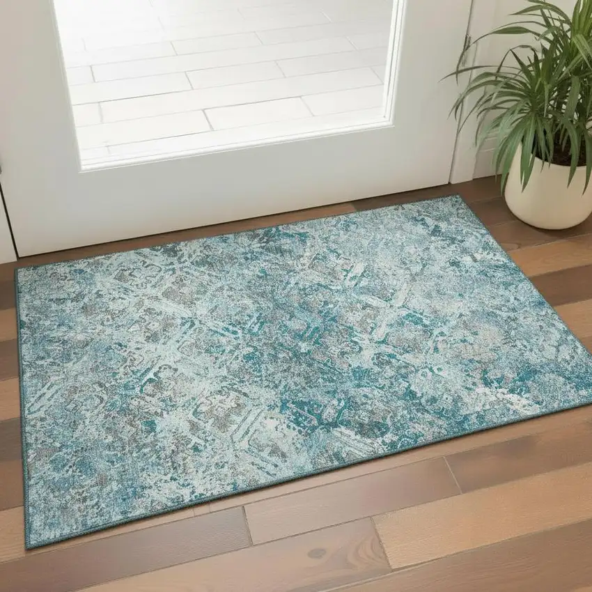 Teal Gray And Ivory Diamond Washable Area Rug With UV Protection Photo 1