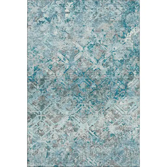 Teal Gray And Ivory Diamond Washable Area Rug With UV Protection Photo 1