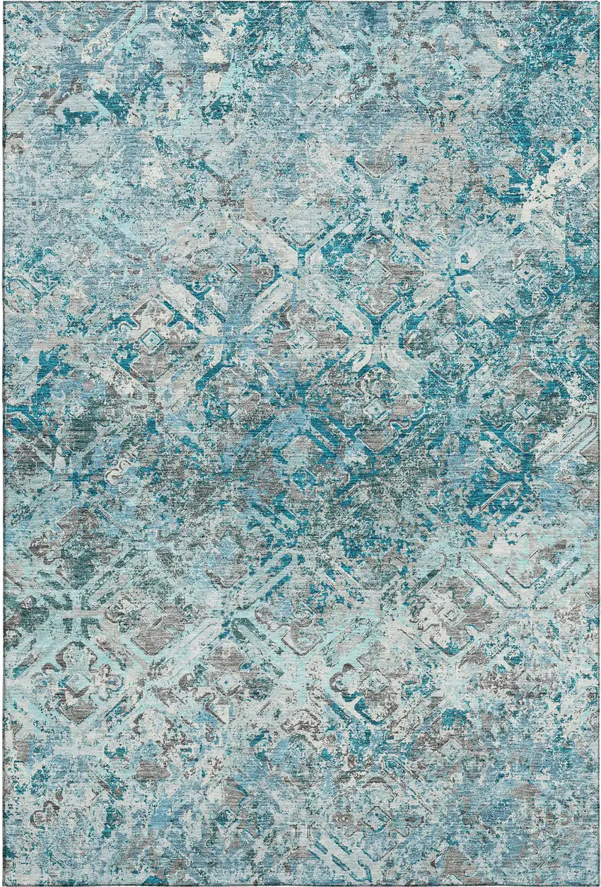 Teal Gray And Ivory Diamond Washable Area Rug With UV Protection Photo 1