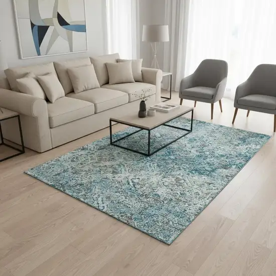 Teal Gray And Ivory Diamond Washable Area Rug With UV Protection Photo 2