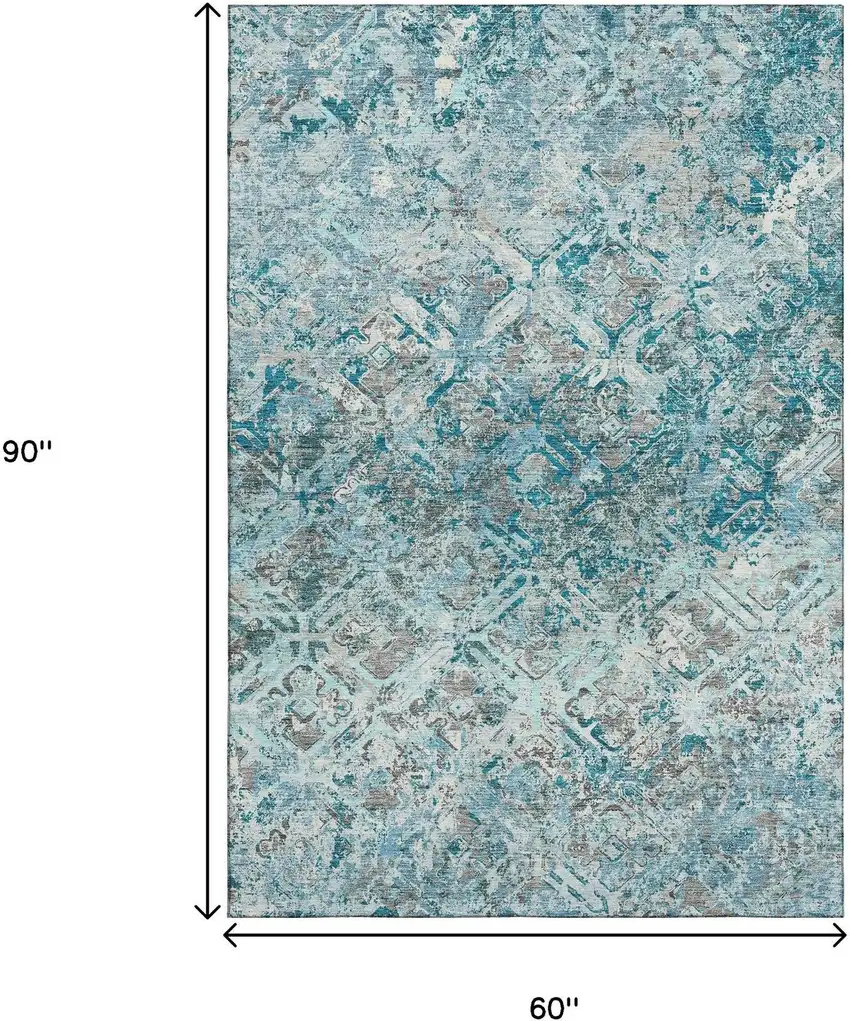 Teal Gray And Ivory Diamond Washable Area Rug With UV Protection Photo 3