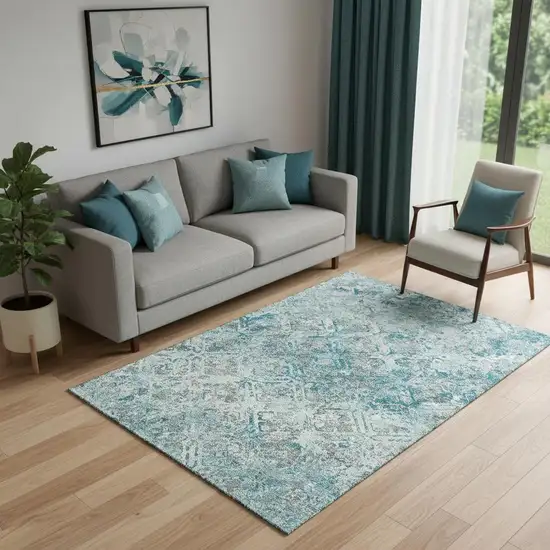 Teal Gray And Ivory Diamond Washable Area Rug With UV Protection Photo 1