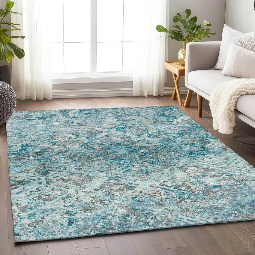 Teal Gray And Ivory Diamond Washable Area Rug With UV Protection Photo 5