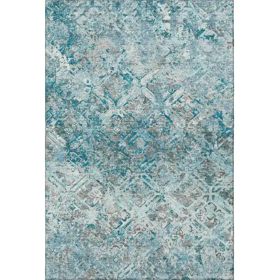 Teal Gray And Ivory Diamond Washable Area Rug With UV Protection Photo 4