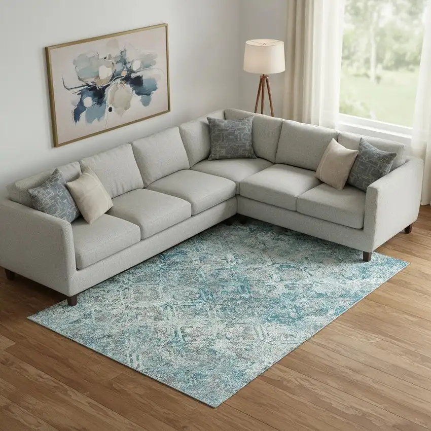 Teal Gray And Ivory Diamond Washable Area Rug With UV Protection Photo 1