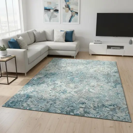 Teal Gray And Ivory Diamond Washable Area Rug With UV Protection Photo 2