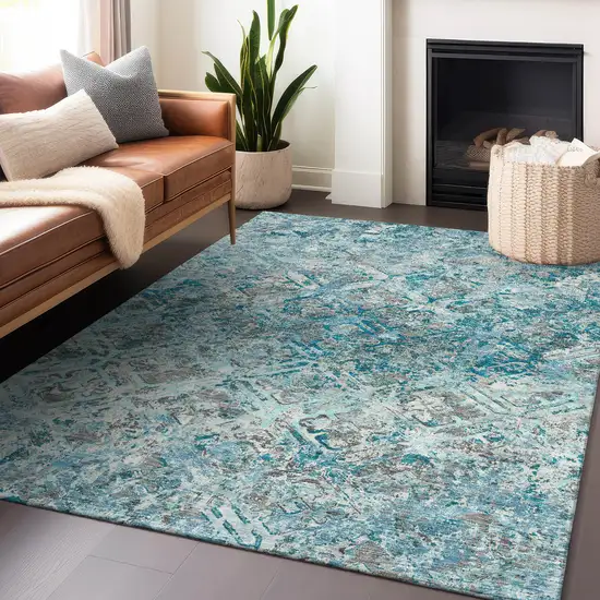 Teal Gray And Ivory Diamond Washable Area Rug With UV Protection Photo 6