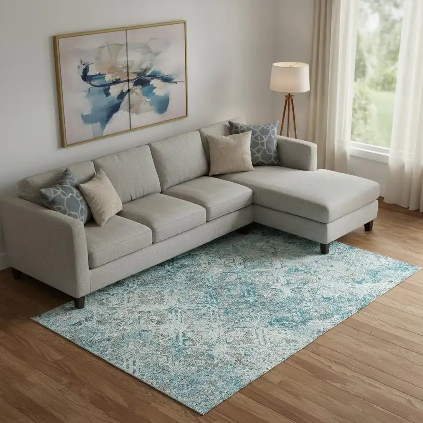 Teal Gray And Ivory Diamond Washable Area Rug With UV Protection Photo 1