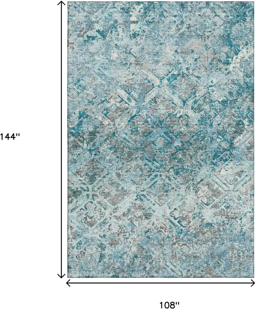 Teal Gray And Ivory Diamond Washable Area Rug With UV Protection Photo 3