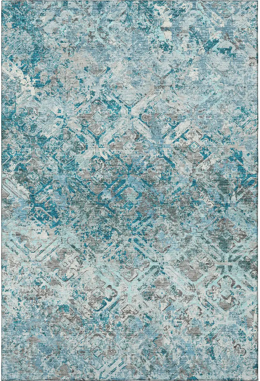 Teal Gray And Ivory Diamond Washable Area Rug With UV Protection Photo 4