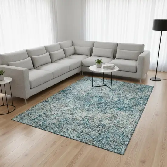Teal Gray And Ivory Diamond Washable Area Rug With UV Protection Photo 2