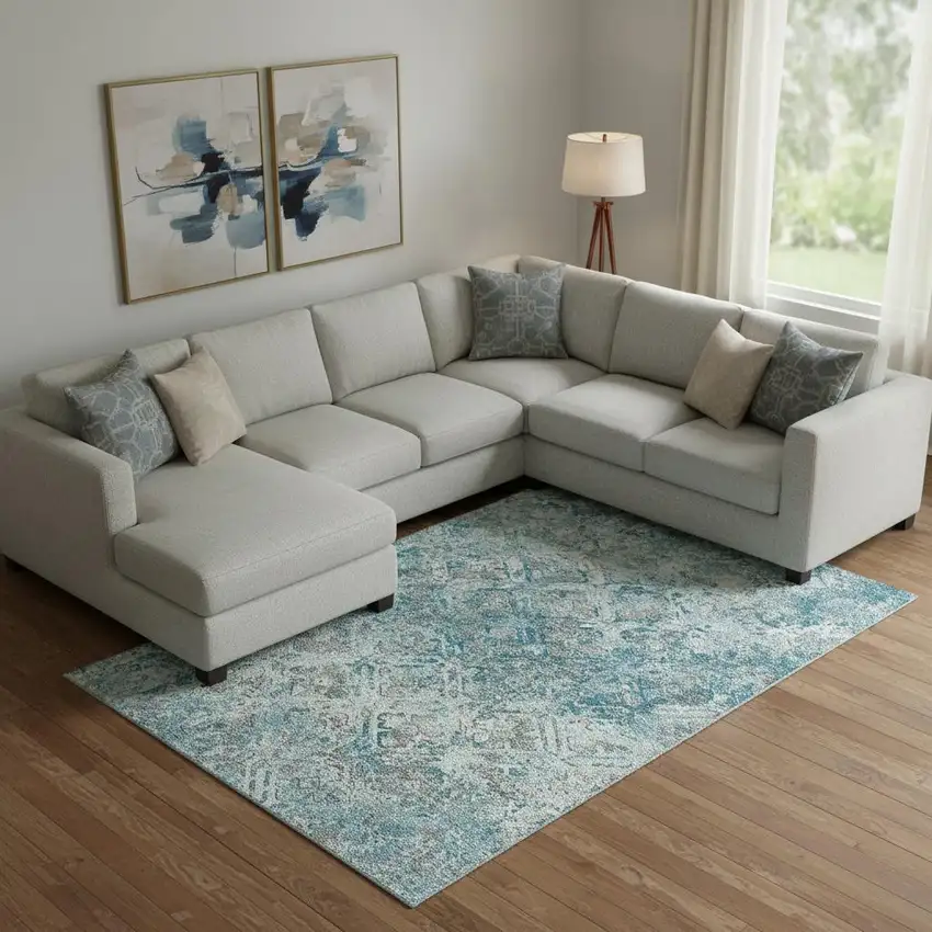 Teal Gray And Ivory Diamond Washable Area Rug With UV Protection Photo 1