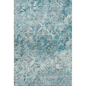 Photo of Teal Gray And Ivory Diamond Washable Area Rug With UV Protection
