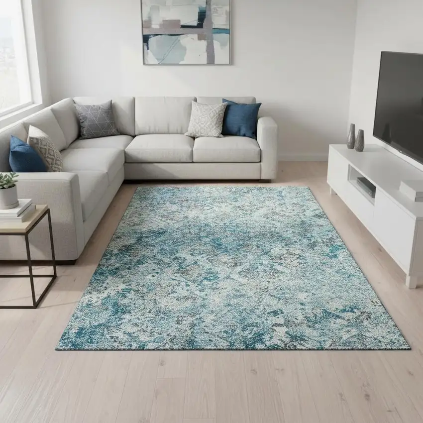 Teal Gray And Ivory Diamond Washable Area Rug With UV Protection Photo 2