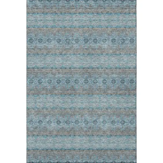 Teal Gray And Ivory Floral Medallion Washable Area Rug With UV Protection Photo 3