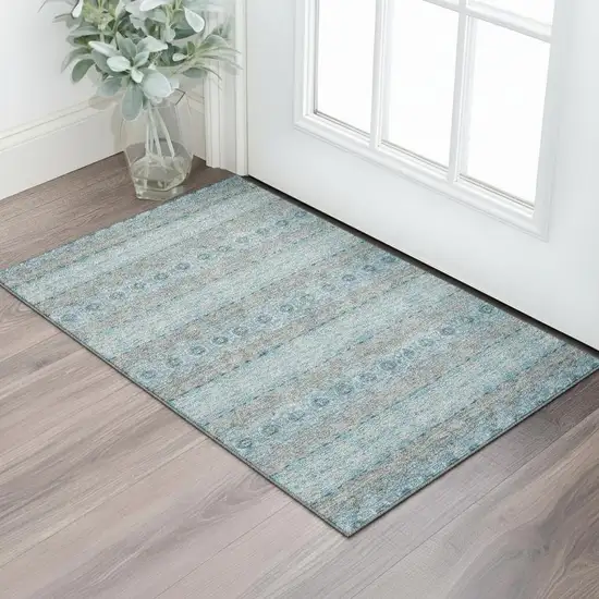 Teal Gray And Ivory Floral Medallion Washable Area Rug With UV Protection Photo 1