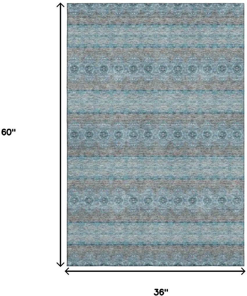 Teal Gray And Ivory Floral Medallion Washable Area Rug With UV Protection Photo 3