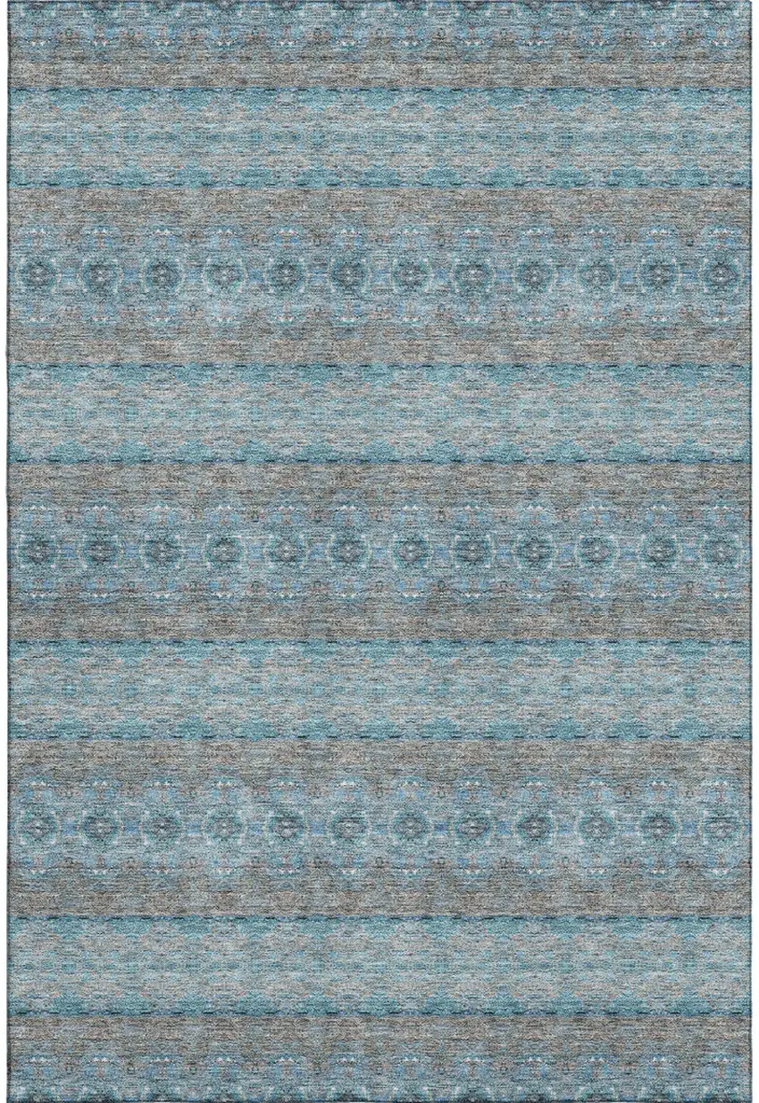 Teal Gray And Ivory Floral Medallion Washable Area Rug With UV Protection Photo 1