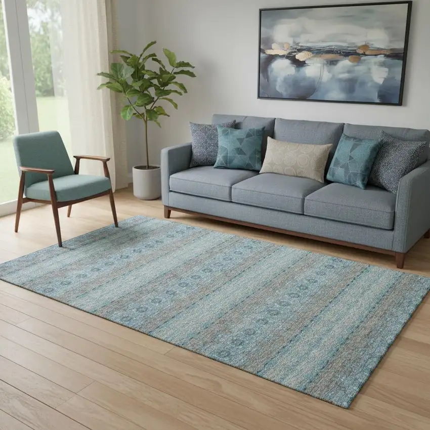 Teal Gray And Ivory Floral Medallion Washable Area Rug With UV Protection Photo 1