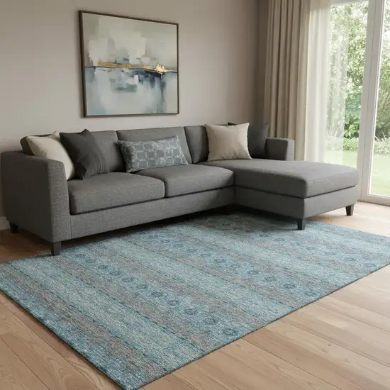 Teal Gray And Ivory Floral Medallion Washable Area Rug With UV Protection Photo 1