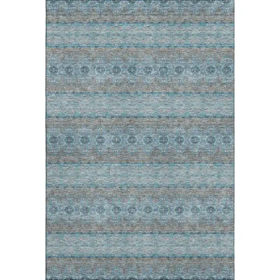 Teal Gray And Ivory Floral Medallion Washable Area Rug With UV Protection Photo 1
