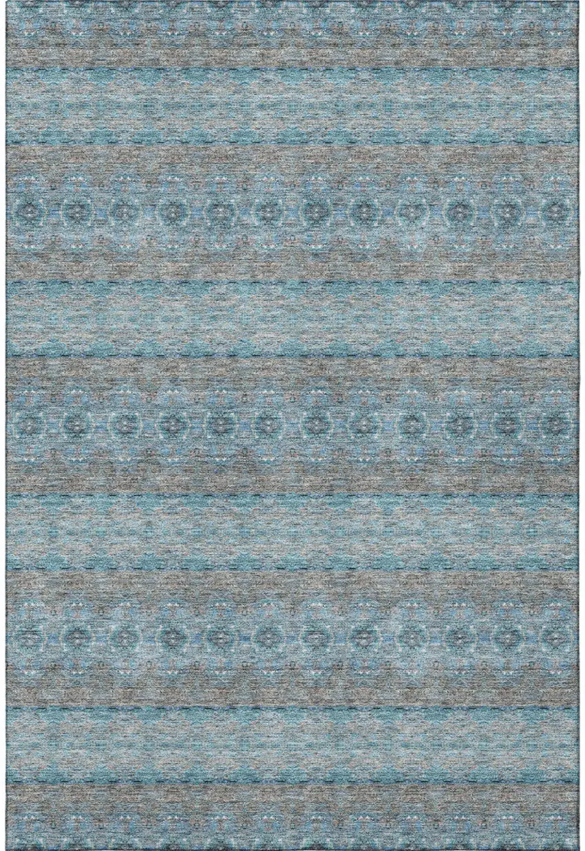 Teal Gray And Ivory Floral Medallion Washable Area Rug With UV Protection Photo 3