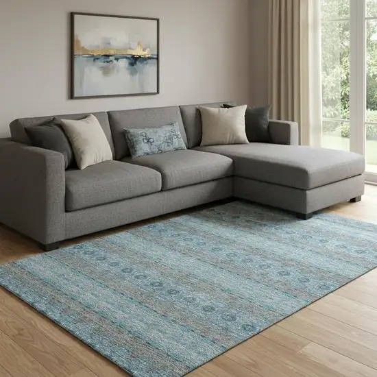 Teal Gray And Ivory Floral Medallion Washable Area Rug With UV Protection Photo 1