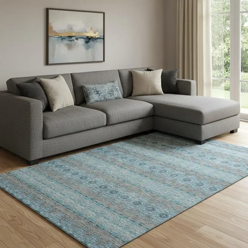 Teal Gray And Ivory Floral Medallion Washable Area Rug With UV Protection Photo 1