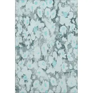 Photo of Teal Gray And Ivory Floral Washable Area Rug With UV Protection