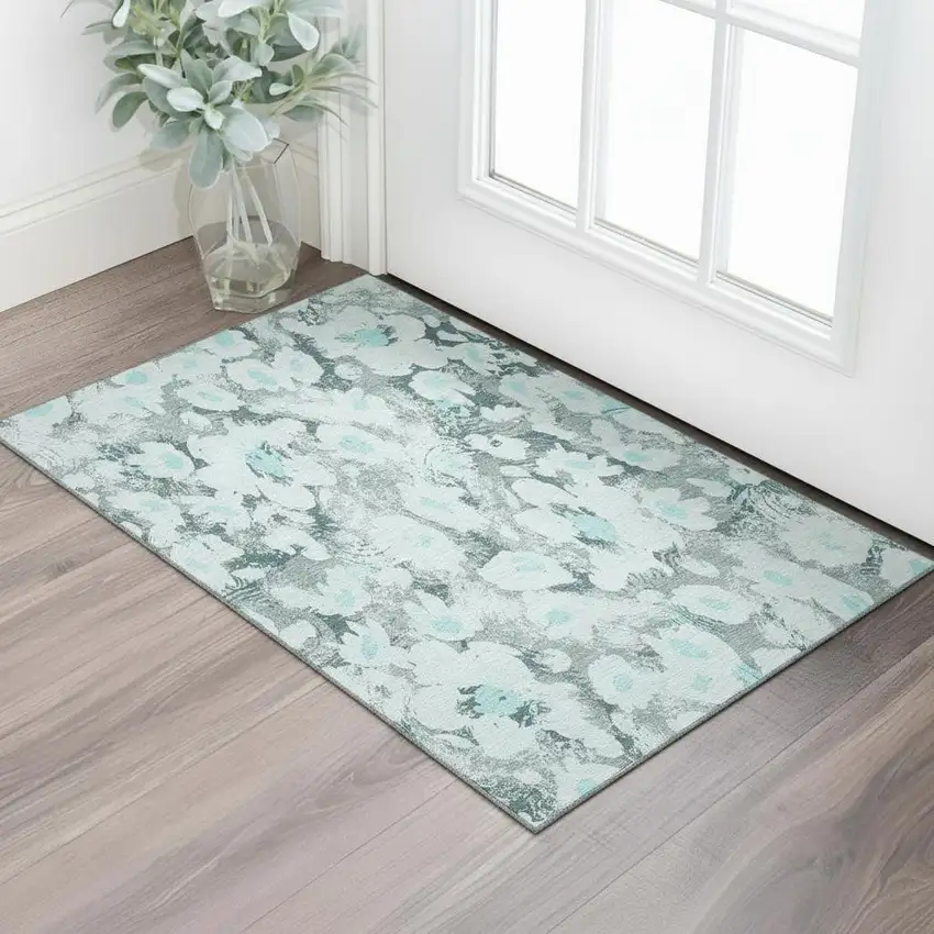Teal Gray And Ivory Floral Washable Area Rug With UV Protection Photo 1