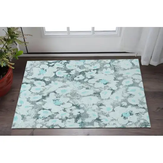Teal Gray And Ivory Floral Washable Area Rug With UV Protection Photo 2