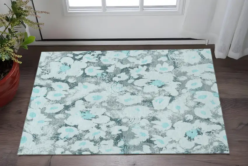 Teal Gray And Ivory Floral Washable Area Rug With UV Protection Photo 2