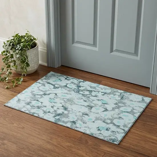 Teal Gray And Ivory Floral Washable Area Rug With UV Protection Photo 1