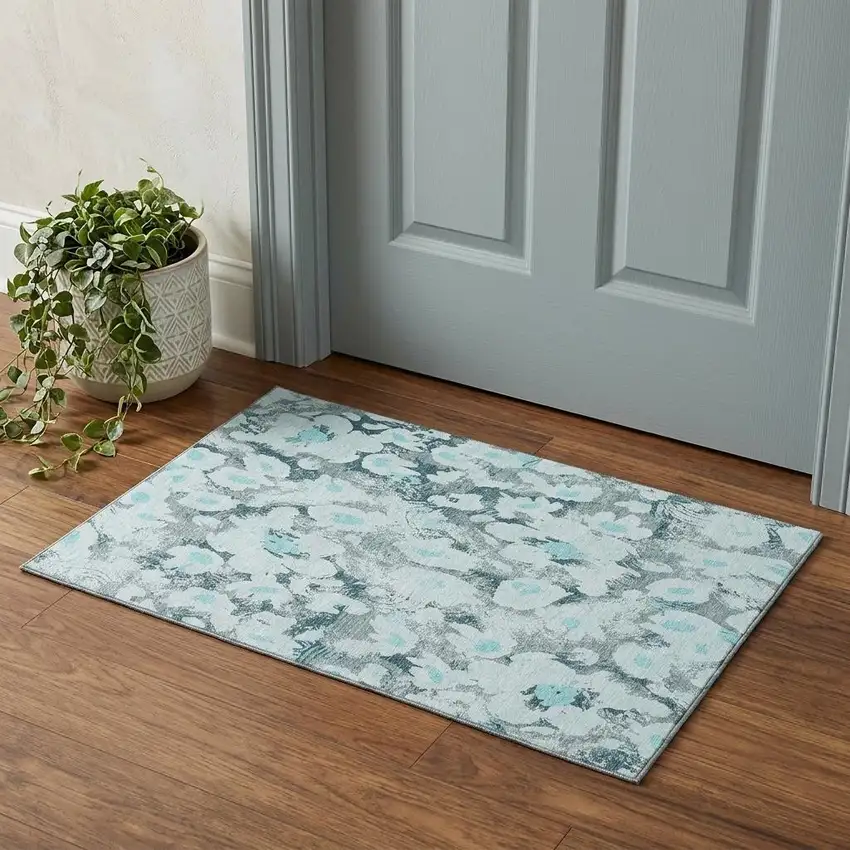 Teal Gray And Ivory Floral Washable Area Rug With UV Protection Photo 1