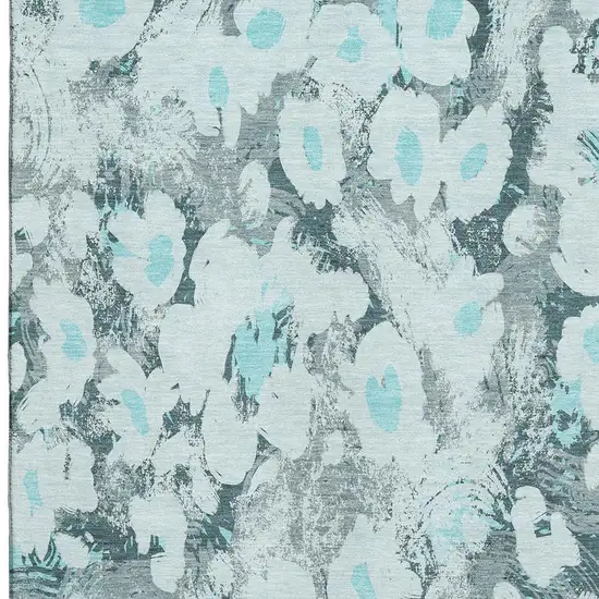 Teal Gray And Ivory Floral Washable Area Rug With UV Protection Photo 3