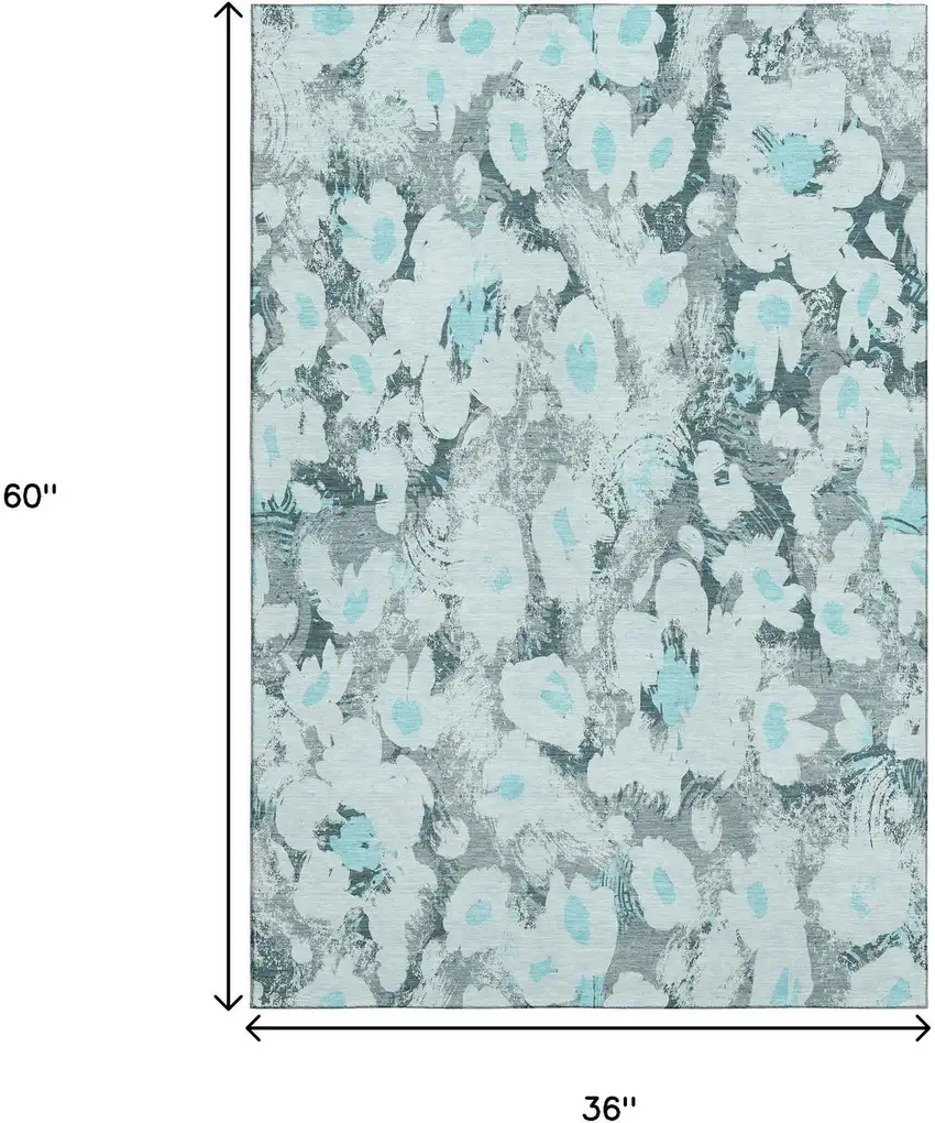 Teal Gray And Ivory Floral Washable Area Rug With UV Protection Photo 3