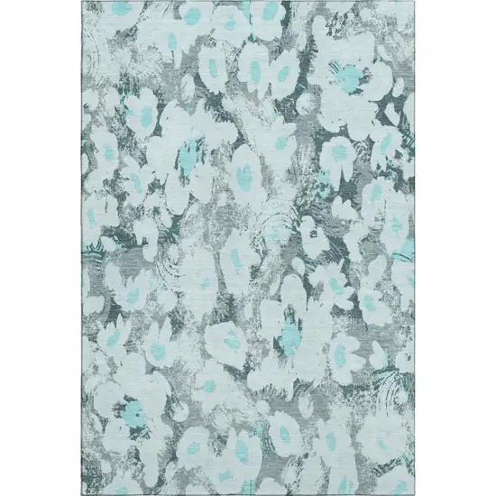 Teal Gray And Ivory Floral Washable Area Rug With UV Protection Photo 1