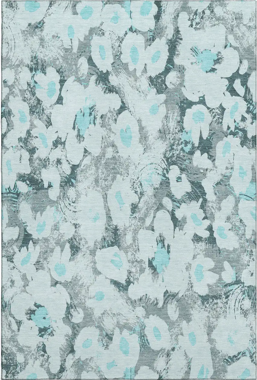 Teal Gray And Ivory Floral Washable Area Rug With UV Protection Photo 1