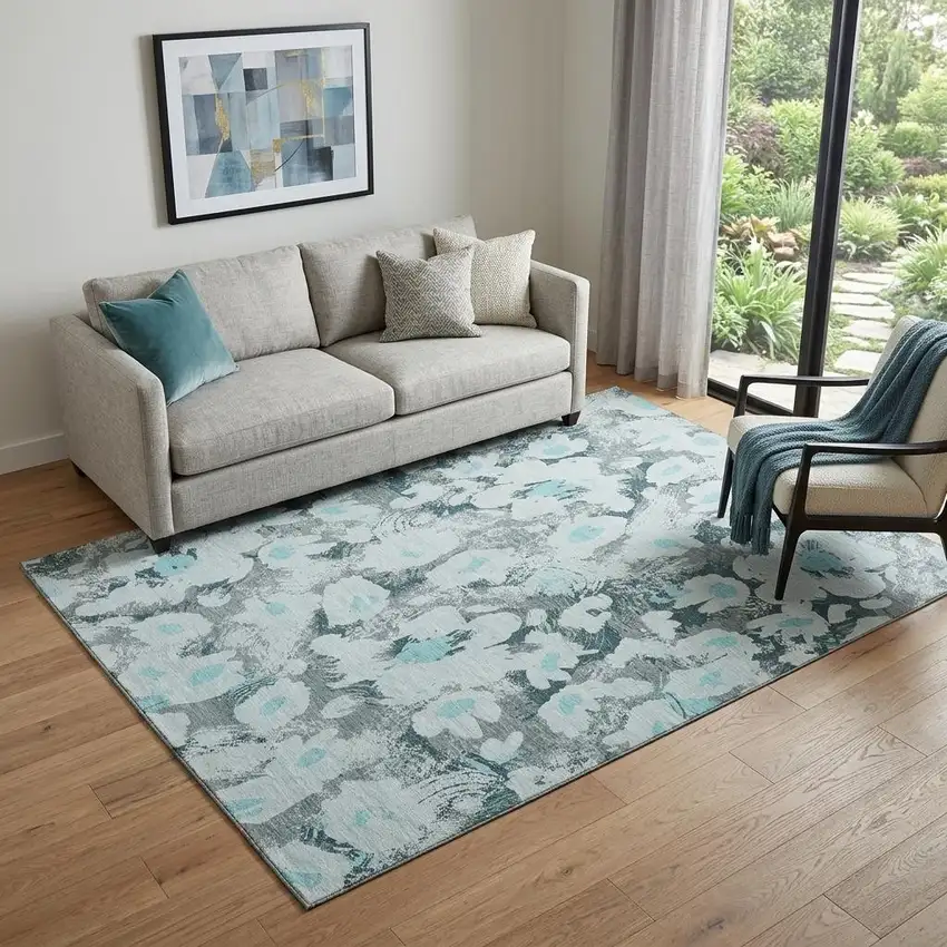 Teal Gray And Ivory Floral Washable Area Rug With UV Protection Photo 1