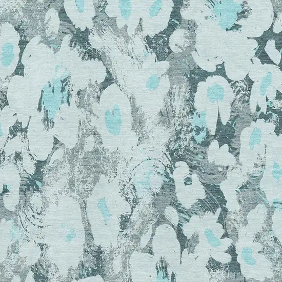 Teal Gray And Ivory Floral Washable Area Rug With UV Protection Photo 3