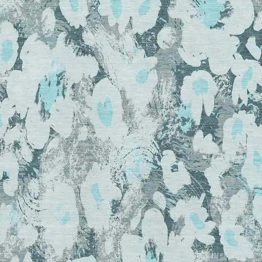 Teal Gray And Ivory Floral Washable Area Rug With UV Protection Photo 3