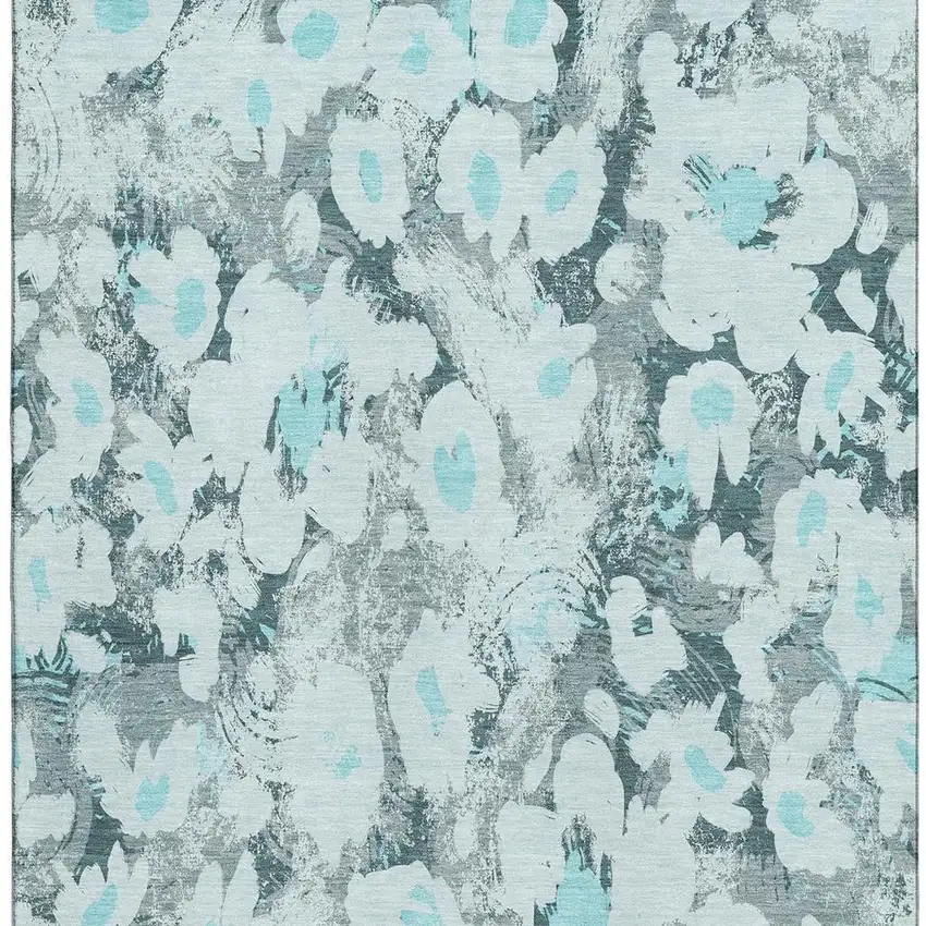 Teal Gray And Ivory Floral Washable Area Rug With UV Protection Photo 4