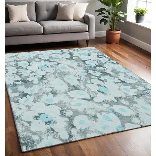Teal Gray And Ivory Floral Washable Area Rug With UV Protection Photo 2