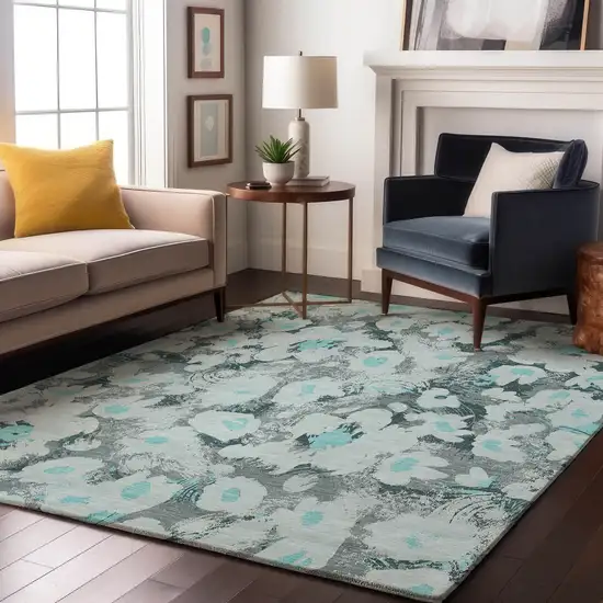 Teal Gray And Ivory Floral Washable Area Rug With UV Protection Photo 5