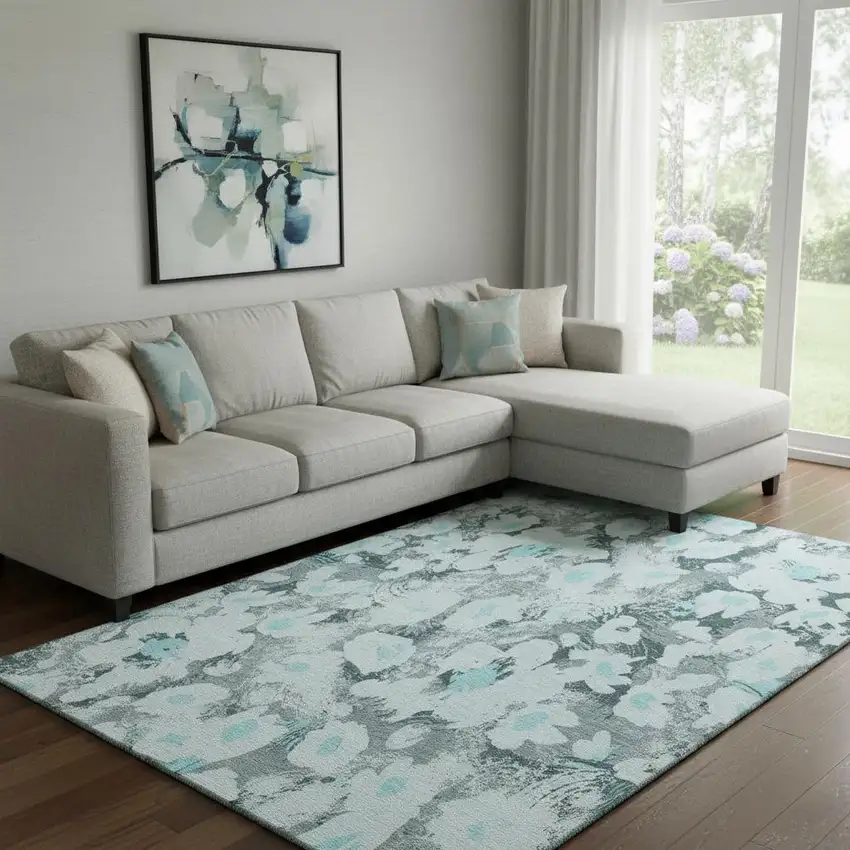 Teal Gray And Ivory Floral Washable Area Rug With UV Protection Photo 1