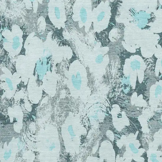 Teal Gray And Ivory Floral Washable Area Rug With UV Protection Photo 3