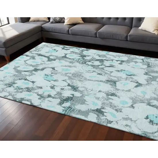 Teal Gray And Ivory Floral Washable Area Rug With UV Protection Photo 2