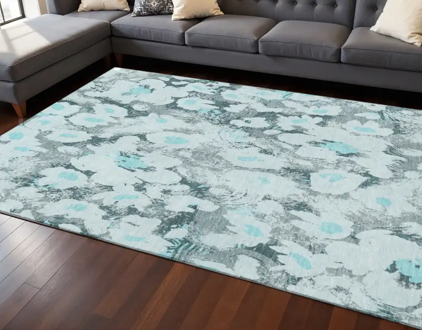 Teal Gray And Ivory Floral Washable Area Rug With UV Protection Photo 2
