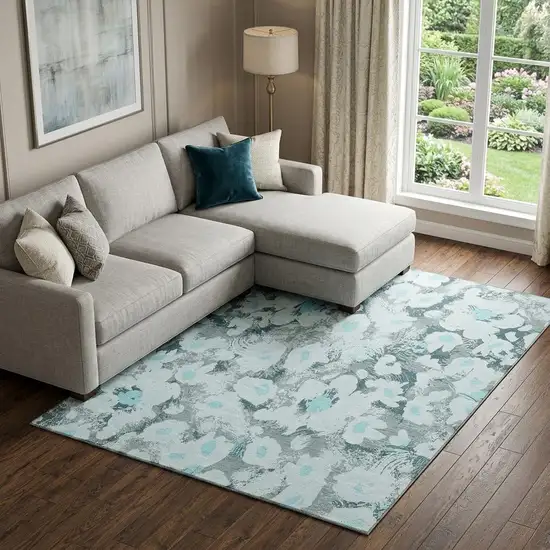 Teal Gray And Ivory Floral Washable Area Rug With UV Protection Photo 1