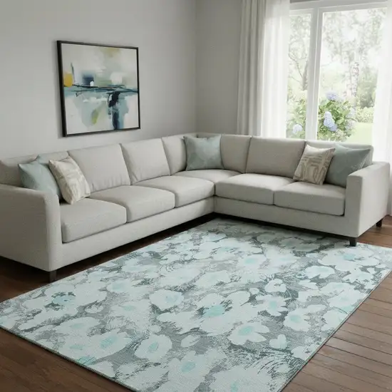Teal Gray And Ivory Floral Washable Area Rug With UV Protection Photo 1